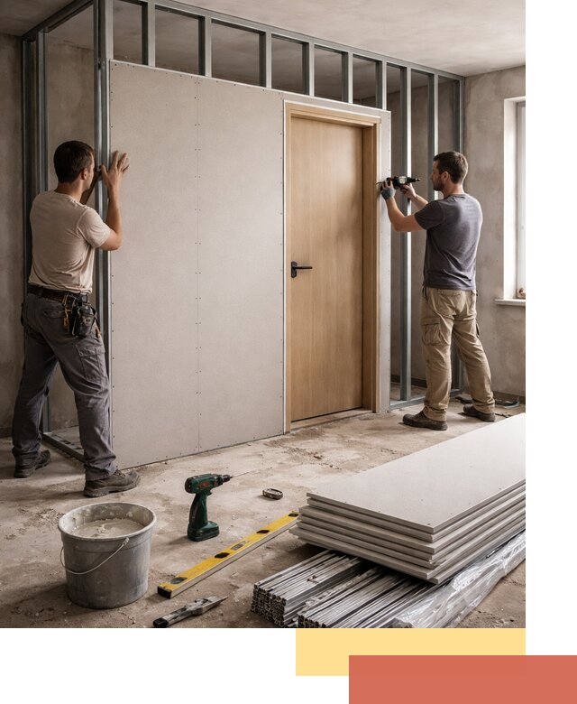 Перегородка из гипсокартона с дверью под ключ в Белгороде