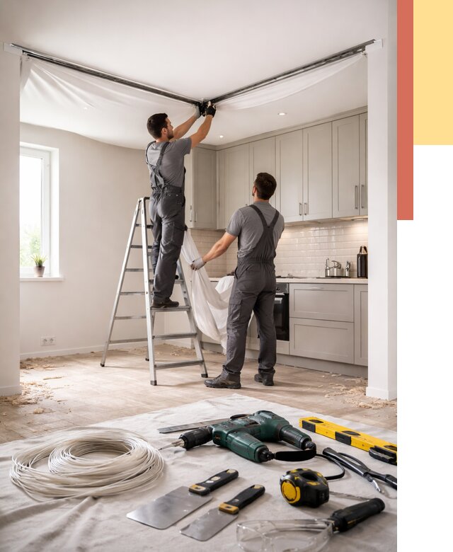 Установка натяжного потолка на кухне в Белгороде от 2493 руб. | ОТДЕЛОЧНИК-Блг